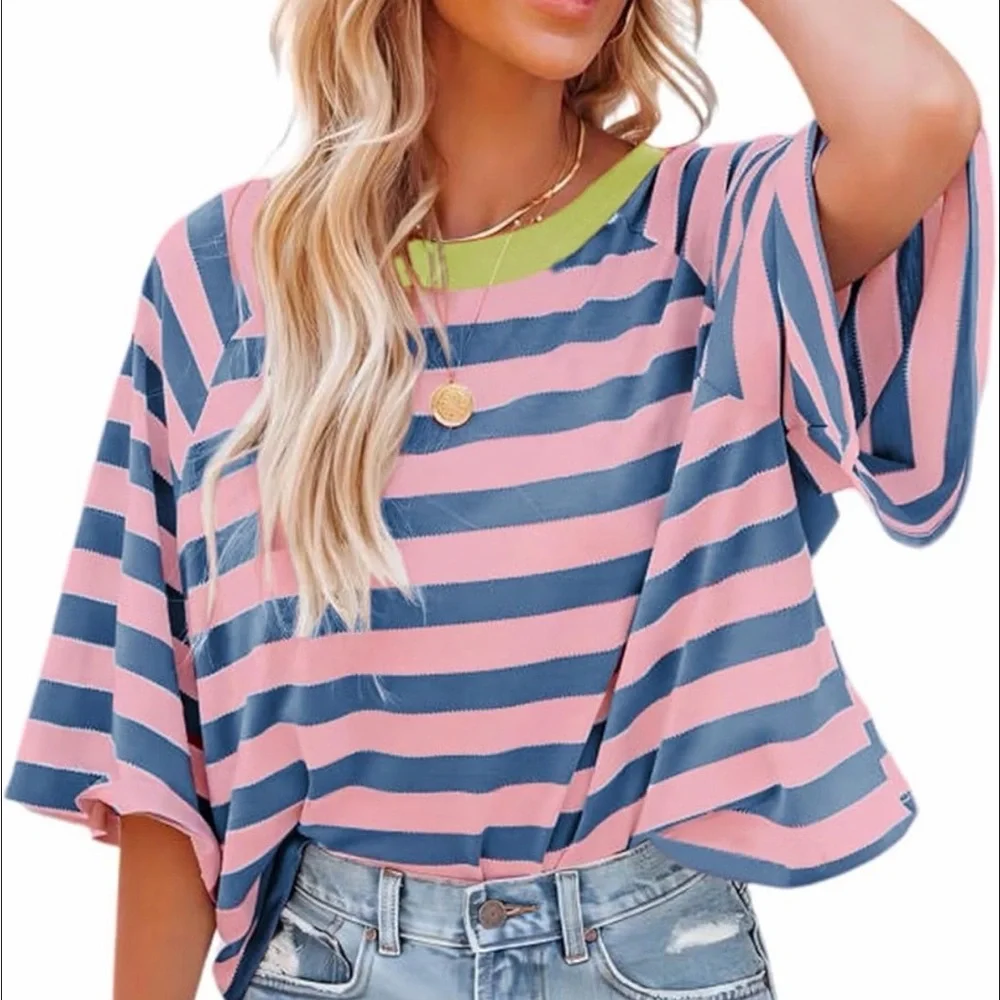 Striped Pink and Blue Women Tee - Picture 1 of 2
